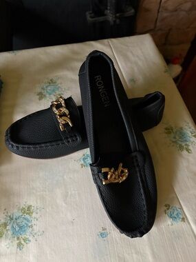SHEIN Black Women's Loafers with Gold Chain Detail